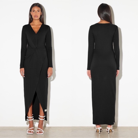 THEGIVINGMOVEMENT V-NECK LONG-SLEEVE COTTONRIB100© DRESS - Picture 1 of 13